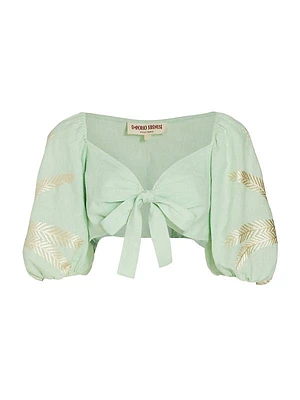 Thaia Cropped Knotted Puff-Sleeve Top