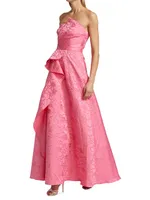 Strapless Jacquard Ruffle Gown