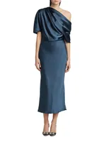 Draped Satin Pencil Midi-Dress