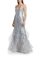 Brocade Tulle Strapless Mermaid Gown