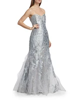 Brocade Tulle Strapless Mermaid Gown