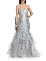 Brocade Tulle Strapless Mermaid Gown