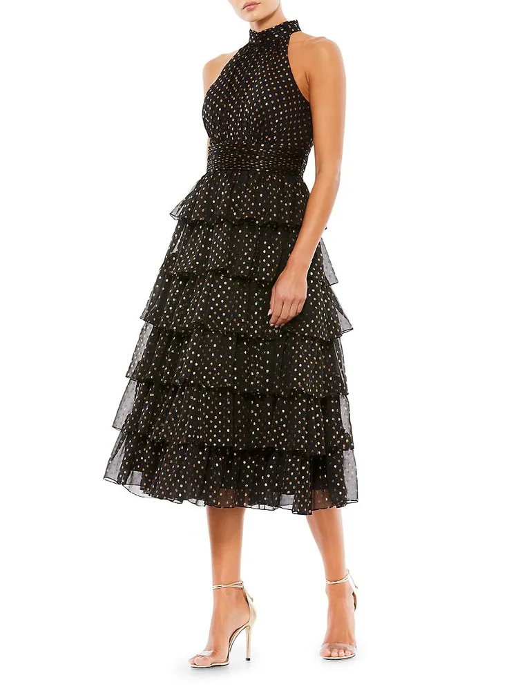 High-Neck Tiered Dotted Midi-Dress