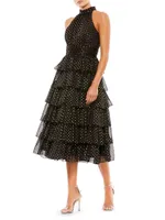 High-Neck Tiered Dotted Midi-Dress