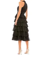 High-Neck Tiered Dotted Midi-Dress