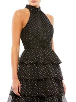 High-Neck Tiered Dotted Midi-Dress