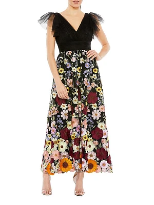 Embroidered Floral Tulle Midi-Dress