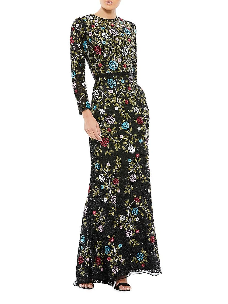 Long-Sleeve Floral Embellished Gown