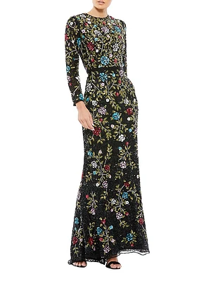 Long-Sleeve Floral Embellished Gown