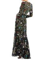 Long-Sleeve Floral Embellished Gown