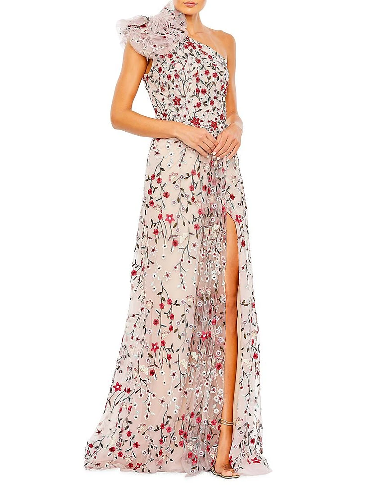 Floral Embroidered One-Shoulder Gown