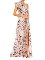 Floral Embroidered One-Shoulder Gown