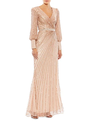 Sequined Blouson-Sleeve Gown