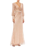 Sequined Blouson-Sleeve Gown