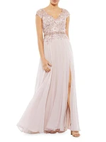 Embellished Chiffon Cap-Sleeve Gown