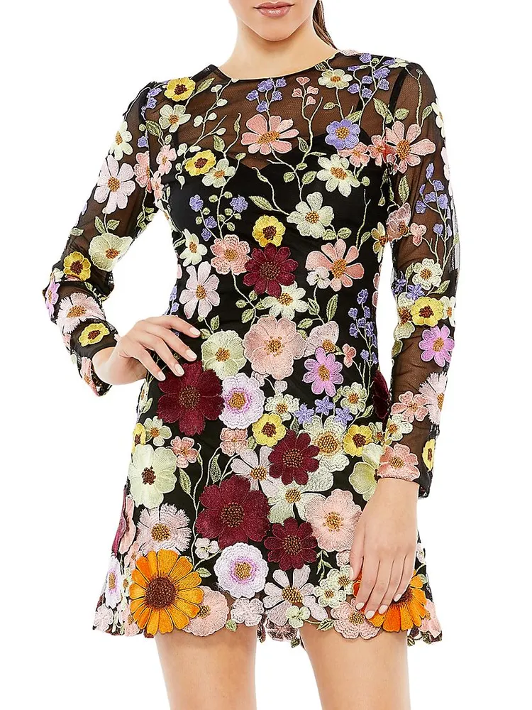 Long-Sleeve Embroidered Floral Minidress