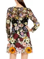 Long-Sleeve Embroidered Floral Minidress