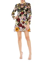 Long-Sleeve Embroidered Floral Minidress