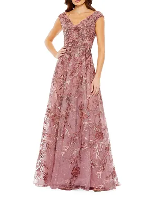 Embellished Floral Cap-Sleeve Gown