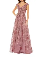 Embellished Floral Cap-Sleeve Gown