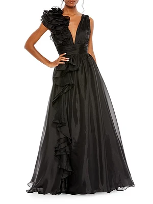 Ruffle Shoulder V-Neck Gown