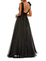 Ruffle Shoulder V-Neck Gown