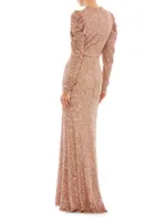 Sequined Puff-Sleeve Sheath Gown