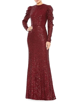 Sequined Puff-Sleeve Sheath Gown