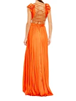 Satin Pleated Lace-Up Gown