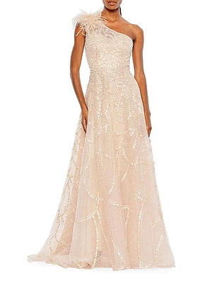 Sequin & Feather-Embellished Gown