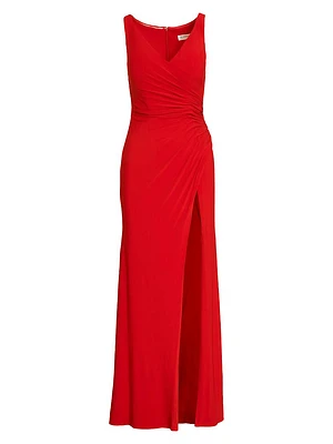 Jersey Faux Wrap Ruched Slip Gown