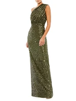 Sequined Ruched One-Shoulder Gown