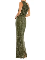 Sequined Ruched One-Shoulder Gown