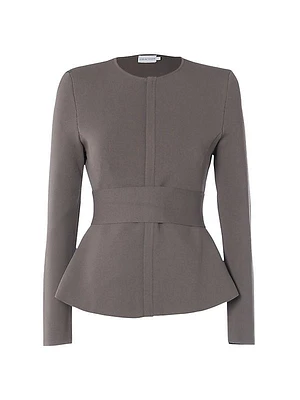 Belted Crepe Knit Curved Hem Jacket