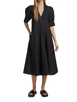 Cotton Poplin V-Neck Midi-Dress