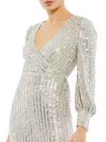 Sequin Bishop-Sleeve Cocktail Dress