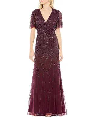 Embellished Tulle Wrap-Effect Column Gown