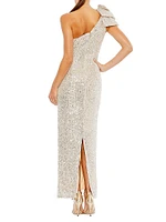 Sequined Bow One-Shoulder Column Dress