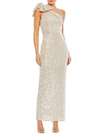 Sequined Bow One-Shoulder Column Dress