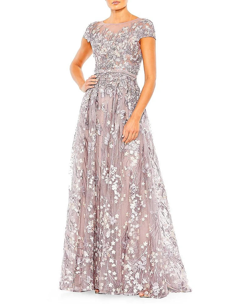 Beaded & Floral-Embroidered Gown