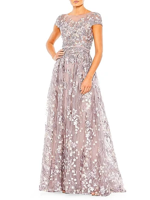 Beaded & Floral-Embroidered Gown