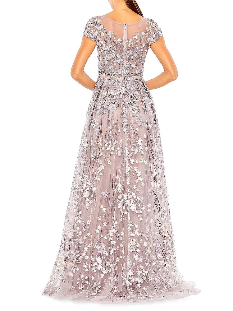 Beaded & Floral-Embroidered Gown