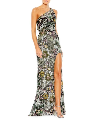 Floral Sequin-Embroidered One-Shoulder Gown