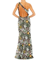 Floral Sequin-Embroidered One-Shoulder Gown