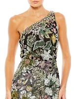 Floral Sequin-Embroidered One-Shoulder Gown