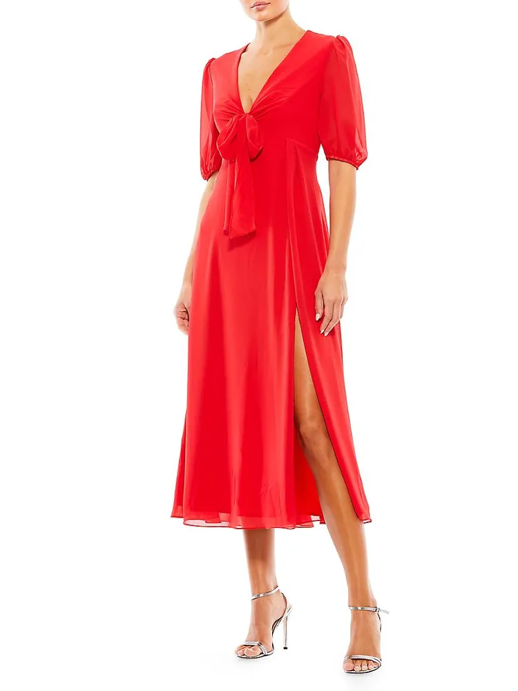 V-Neck Bow Split-Hem Knee-Length A-Line Midi-Dress