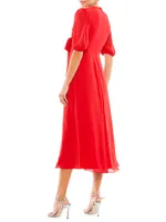 V-Neck Bow Split-Hem Knee-Length A-Line Midi-Dress