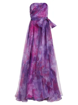 Printed Organza Strapless Gown