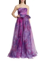 Printed Organza Strapless Gown