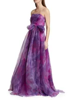 Printed Organza Strapless Gown